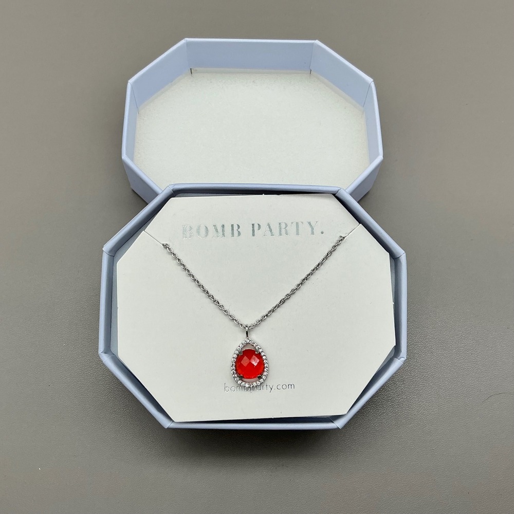 Bomb Party Necklace Genuine Red Quartz Teardrop Halo Rhodium Plated RBP3449